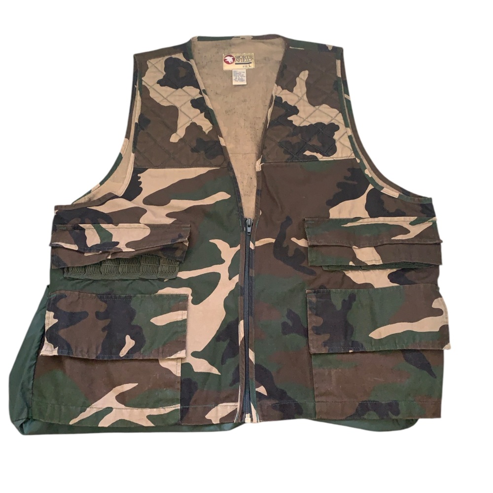 Mens vintage 80s sports afield padded camouflage hunting vest sz L green
